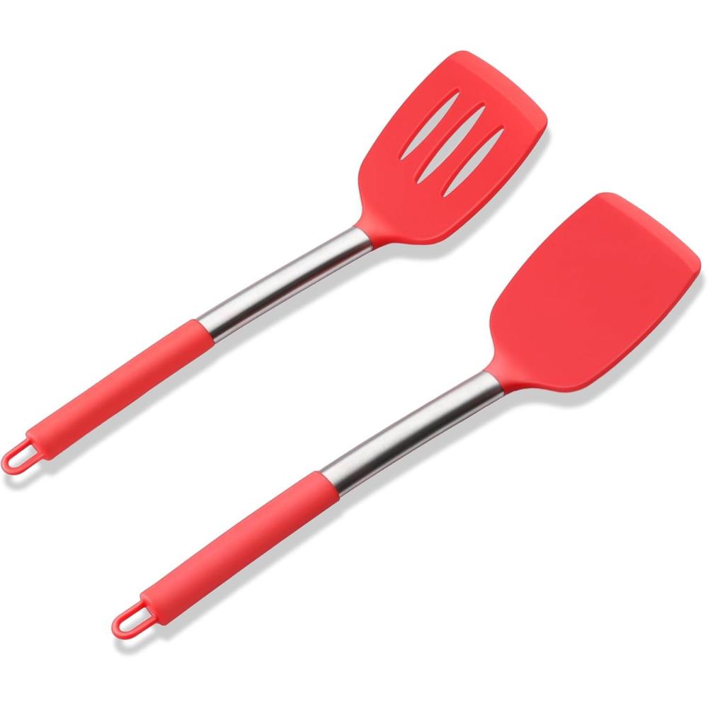 imageEfar Silicone Spatula Set of 2 Solid amp Slotted Turner for Nonstick Cookware Heat Resistant Rubber Kitchen Cooking Utensils for Flipping Fish Pancake Egg BlackRed