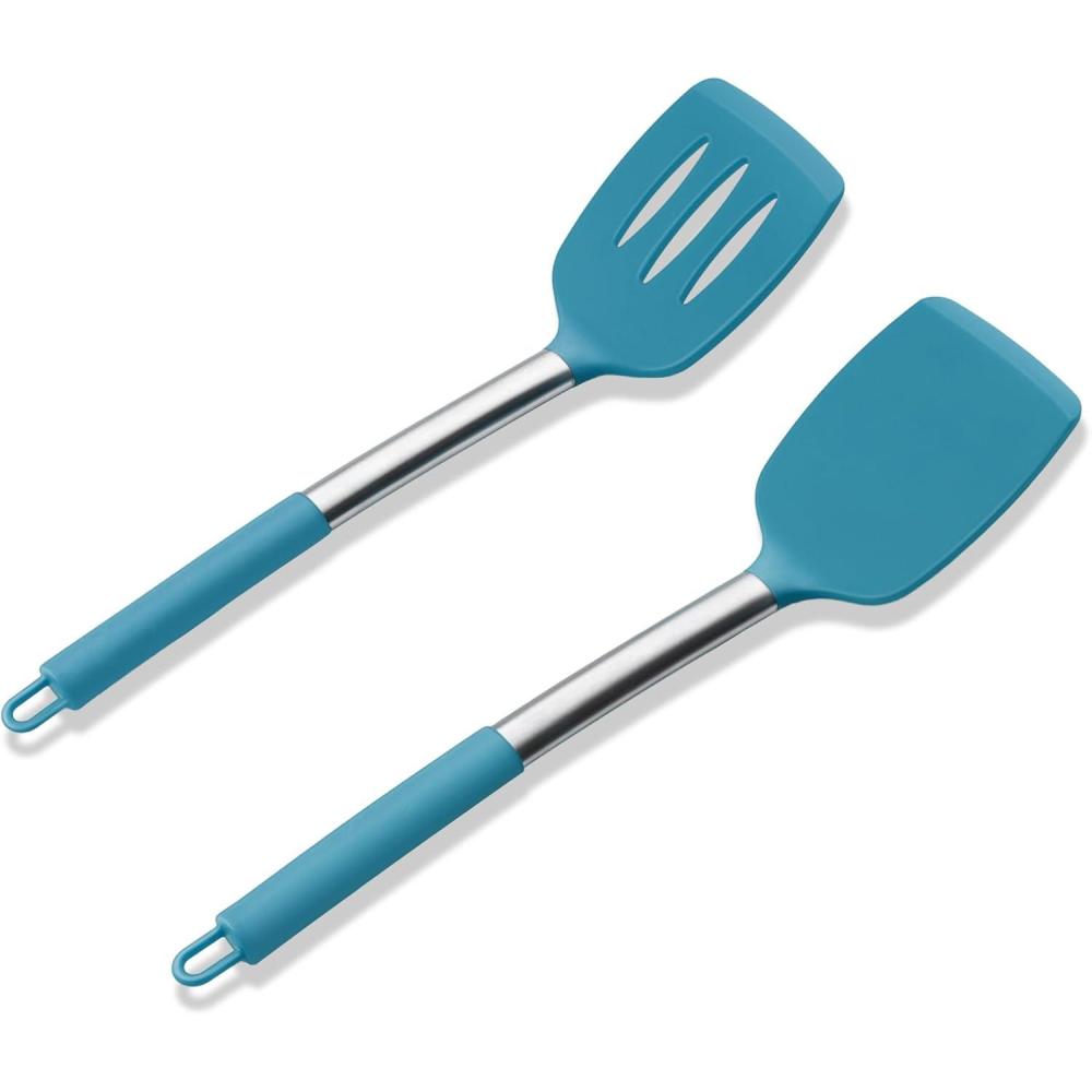 imageEfar Silicone Spatula Set of 2 Solid amp Slotted Turner for Nonstick Cookware Heat Resistant Rubber Kitchen Cooking Utensils for Flipping Fish Pancake Egg  BlackTeal Blue
