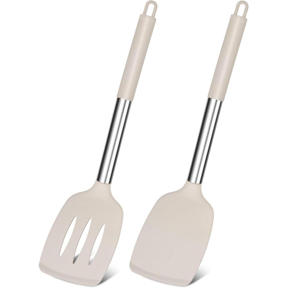 imageEfar Silicone Spatula Set of 2 Solid amp Slotted Turner for Nonstick Cookware Heat Resistant Rubber Kitchen Cooking Utensils for Flipping Fish Pancake Egg BlackKhaki