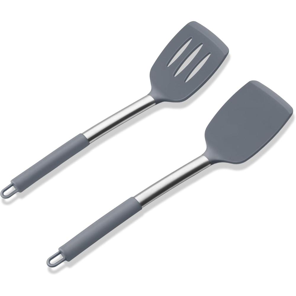 imageEfar Silicone Spatula Set of 2 Solid amp Slotted Turner for Nonstick Cookware Heat Resistant Rubber Kitchen Cooking Utensils for Flipping Fish Pancake Egg BlackGray