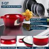 E-far Pre-Seasoned Cast Iron Dutch Oven, 5 Quart 2 in 1 Dutch Oven Pot with Skillet Lid and Silicone Bread Sling, Ideal for Bread Baking, Cooking, Stewing, Frying, Induction & Oven Safe – Black(Red)