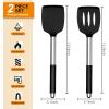E-far Silicone Spatula Set of 2, Solid & Slotted Turner for Nonstick Cookware, Heat Resistant Rubber Kitchen Cooking Utensils for Flipping Fish Pancake Egg – Black(Black)