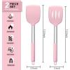 E-far Silicone Spatula Set of 2, Solid & Slotted Turner for Nonstick Cookware, Heat Resistant Rubber Kitchen Cooking Utensils for Flipping Fish Pancake Egg – Black(Pink)