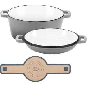 E-far Pre-Seasoned Cast Iron Dutch Oven, 5 Quart 2 in 1 Dutch Oven Pot with Skillet Lid and Silicone Bread Sling, Ideal for Bread Baking, Cooking, Stewing, Frying, Induction & Oven Safe – Black(Gray)