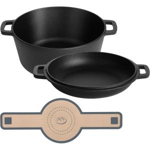 E-far Pre-Seasoned Cast Iron Dutch Oven, 5 Quart 2 in 1 Dutch Oven Pot with Skillet Lid and Silicone Bread Sling, Ideal for Bread Baking, Cooking, Stewing, Frying, Induction & Oven Safe – Black(Black)
