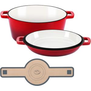 E-far Pre-Seasoned Cast Iron Dutch Oven, 5 Quart 2 in 1 Dutch Oven Pot with Skillet Lid and Silicone Bread Sling, Ideal for Bread Baking, Cooking, Stewing, Frying, Induction & Oven Safe – Black(Red)