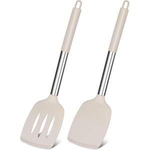 E-far Silicone Spatula Set of 2, Solid & Slotted Turner for Nonstick Cookware, Heat Resistant Rubber Kitchen Cooking Utensils for Flipping Fish Pancake Egg – Black(Khaki)