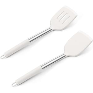 E-far Silicone Spatula Set of 2, Solid & Slotted Turner for Nonstick Cookware, Heat Resistant Rubber Kitchen Cooking Utensils for Flipping Fish Pancake Egg – Black(White)