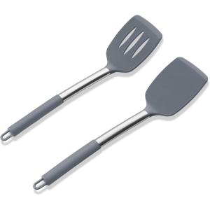 E-far Silicone Spatula Set of 2, Solid & Slotted Turner for Nonstick Cookware, Heat Resistant Rubber Kitchen Cooking Utensils for Flipping Fish Pancake Egg – Black(Gray)