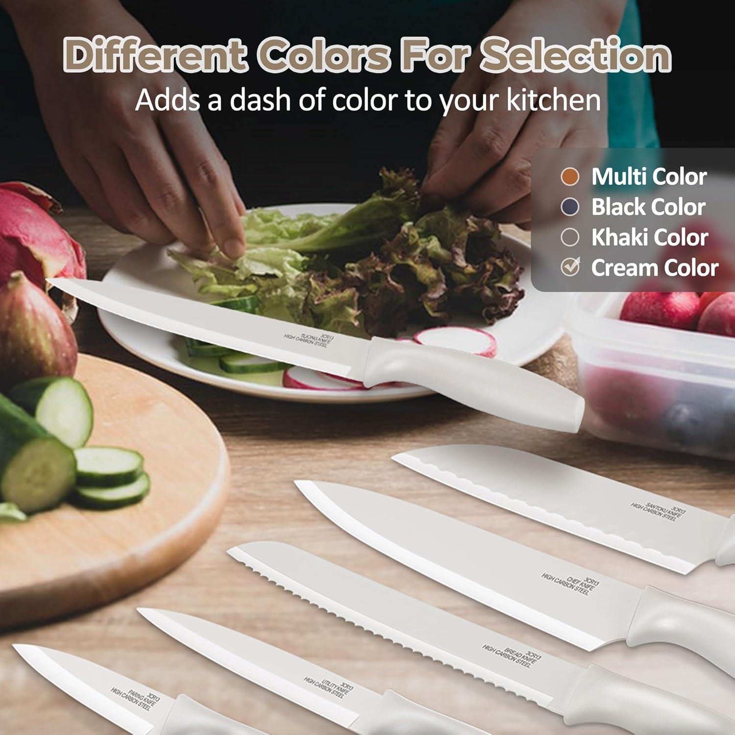 imageEfar 12Piece Kitchen Knife Set Stainless Steel Chef Knives Set with 6 Blade Guards Sharp Kitchen Cooking Knife with Ergonomic Handle AntiRust amp Easy to Clean CreamCream