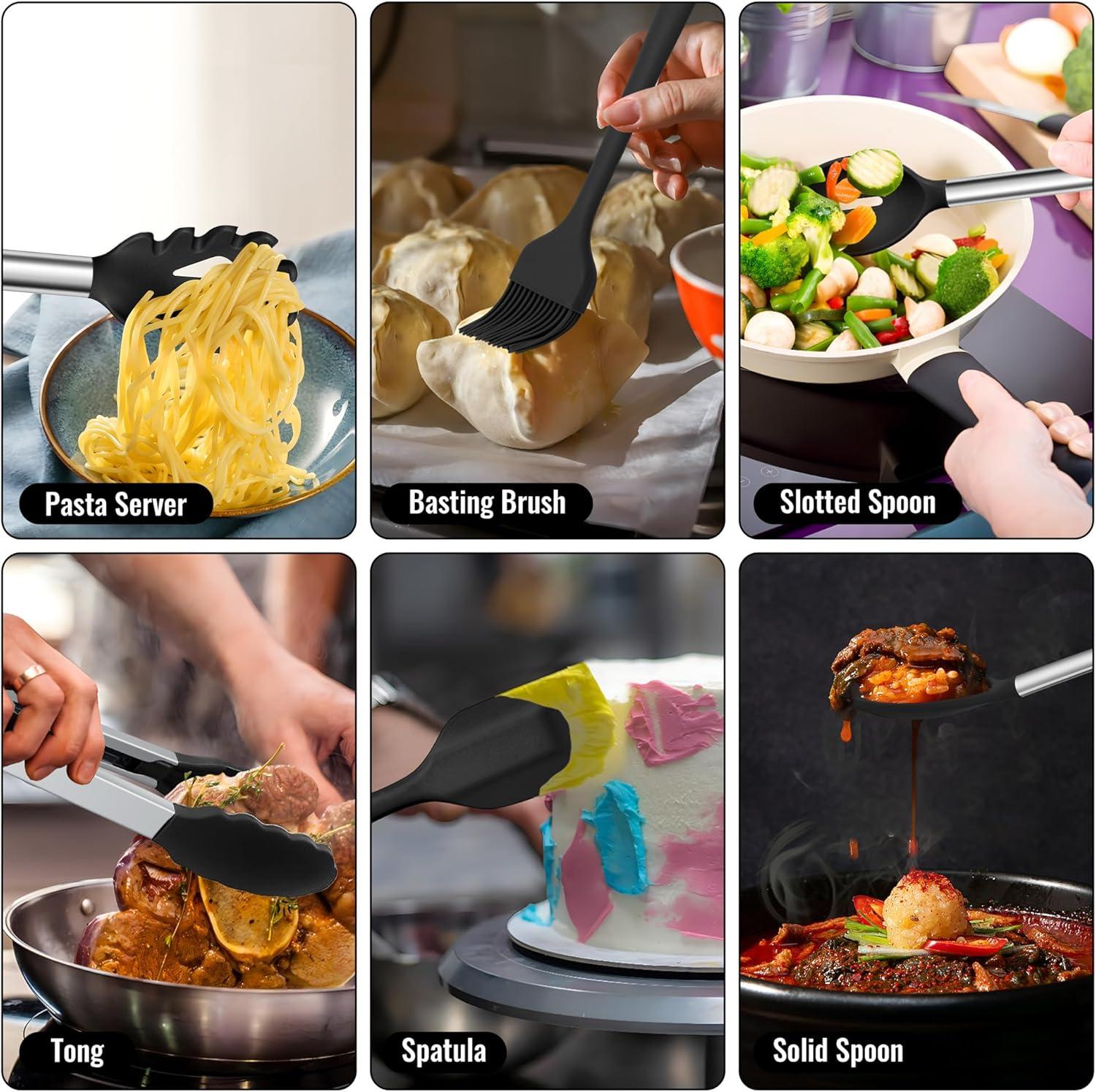 imageEfar 14 Pieces Silicone Cooking Utensils Set Kitchen Utensils Set with Holder Spatula Ladle Spoon Tong Slotted Turner for Nonstick Cookware 446F Heat Resistant amp Stainless Steel Handle BlueBlack