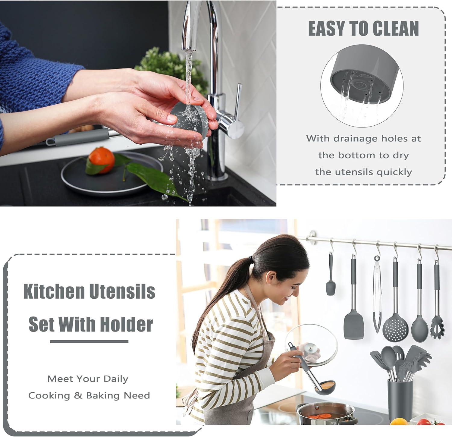 imageEfar 14 Pieces Silicone Cooking Utensils Set Kitchen Utensils Set with Holder Spatula Ladle Spoon Tong Slotted Turner for Nonstick Cookware 446F Heat Resistant amp Stainless Steel Handle BlueGray