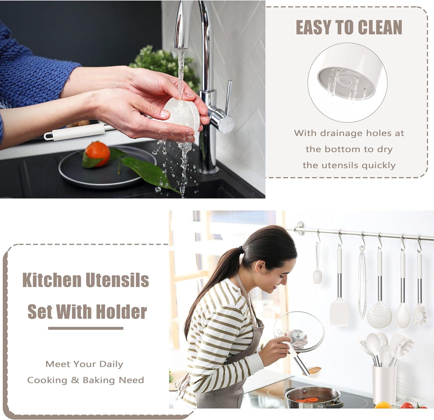 imageEfar 14 Pieces Silicone Cooking Utensils Set Kitchen Utensils Set with Holder Spatula Ladle Spoon Tong Slotted Turner for Nonstick Cookware 446F Heat Resistant amp Stainless Steel Handle BlueCream White