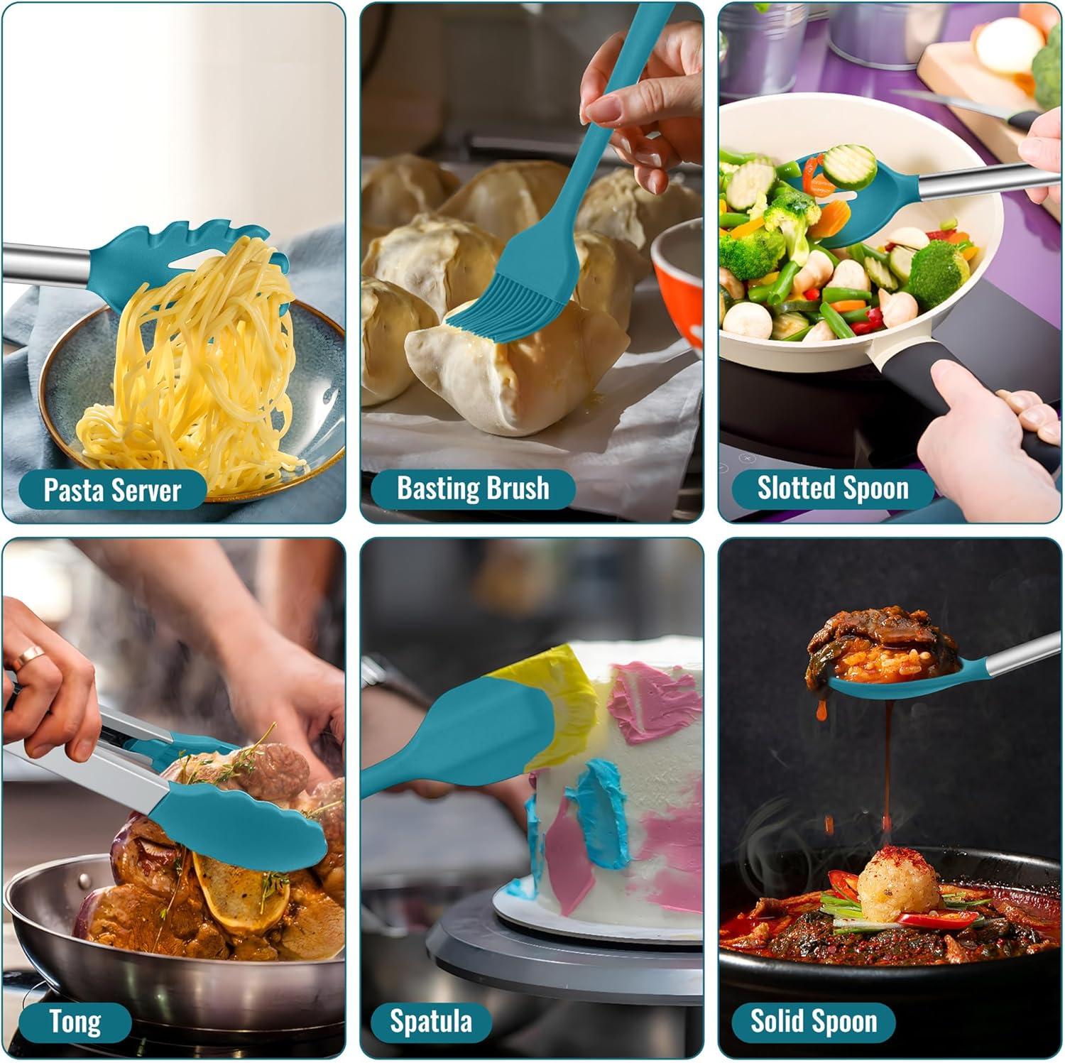 imageEfar 14 Pieces Silicone Cooking Utensils Set Kitchen Utensils Set with Holder Spatula Ladle Spoon Tong Slotted Turner for Nonstick Cookware 446F Heat Resistant amp Stainless Steel Handle BlueBlue