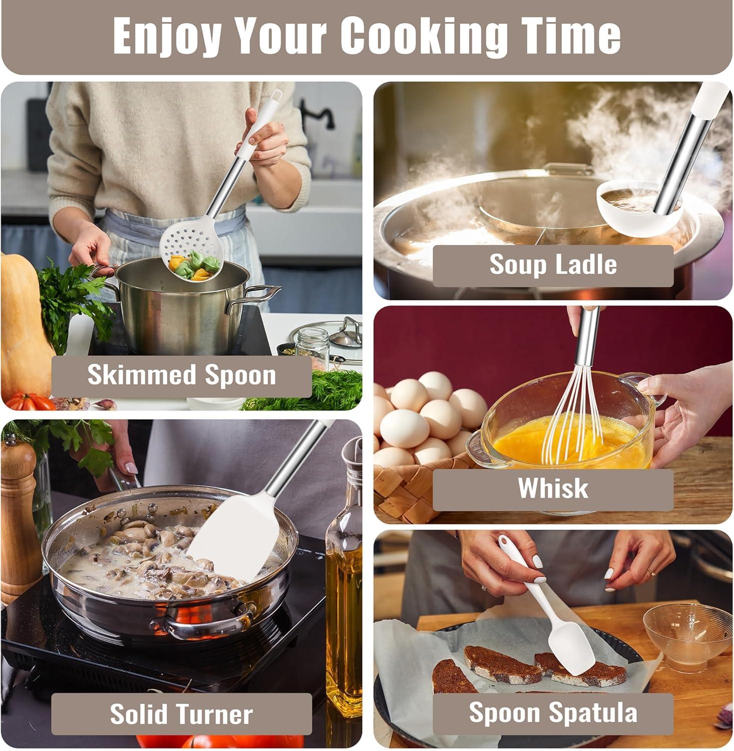 imageEfar 14 Pieces Silicone Cooking Utensils Set Kitchen Utensils Set with Holder Spatula Ladle Spoon Tong Slotted Turner for Nonstick Cookware 446F Heat Resistant amp Stainless Steel Handle BlueCream White