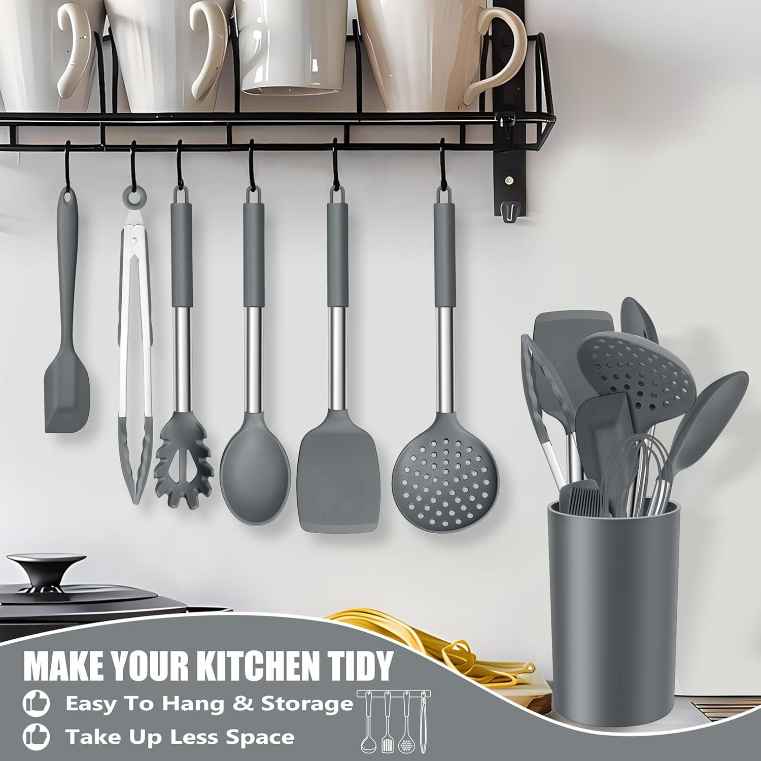 imageEfar 14 Pieces Silicone Cooking Utensils Set Kitchen Utensils Set with Holder Spatula Ladle Spoon Tong Slotted Turner for Nonstick Cookware 446F Heat Resistant amp Stainless Steel Handle BlueGray