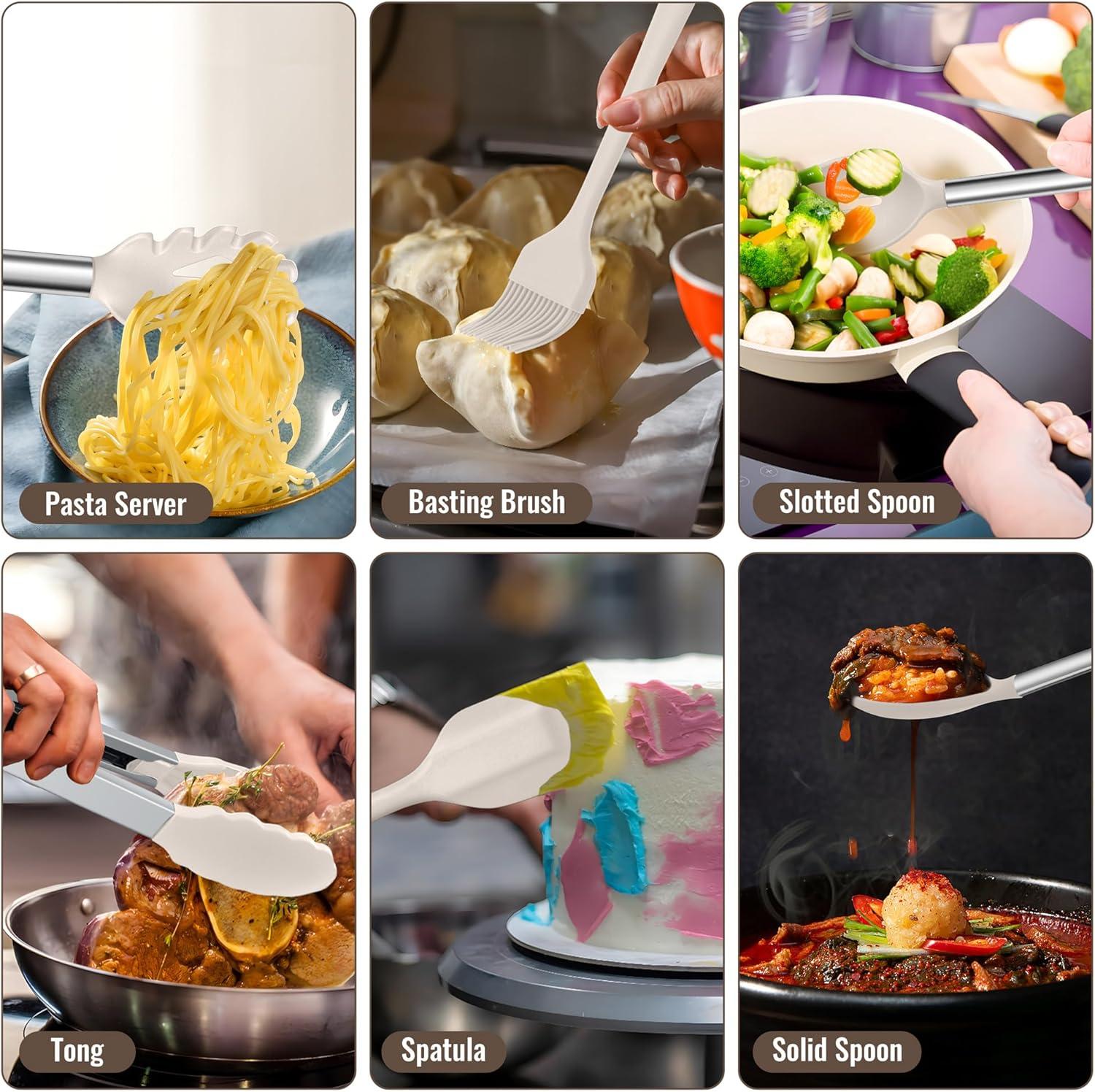 imageEfar 14 Pieces Silicone Cooking Utensils Set Kitchen Utensils Set with Holder Spatula Ladle Spoon Tong Slotted Turner for Nonstick Cookware 446F Heat Resistant amp Stainless Steel Handle BlueKhaki