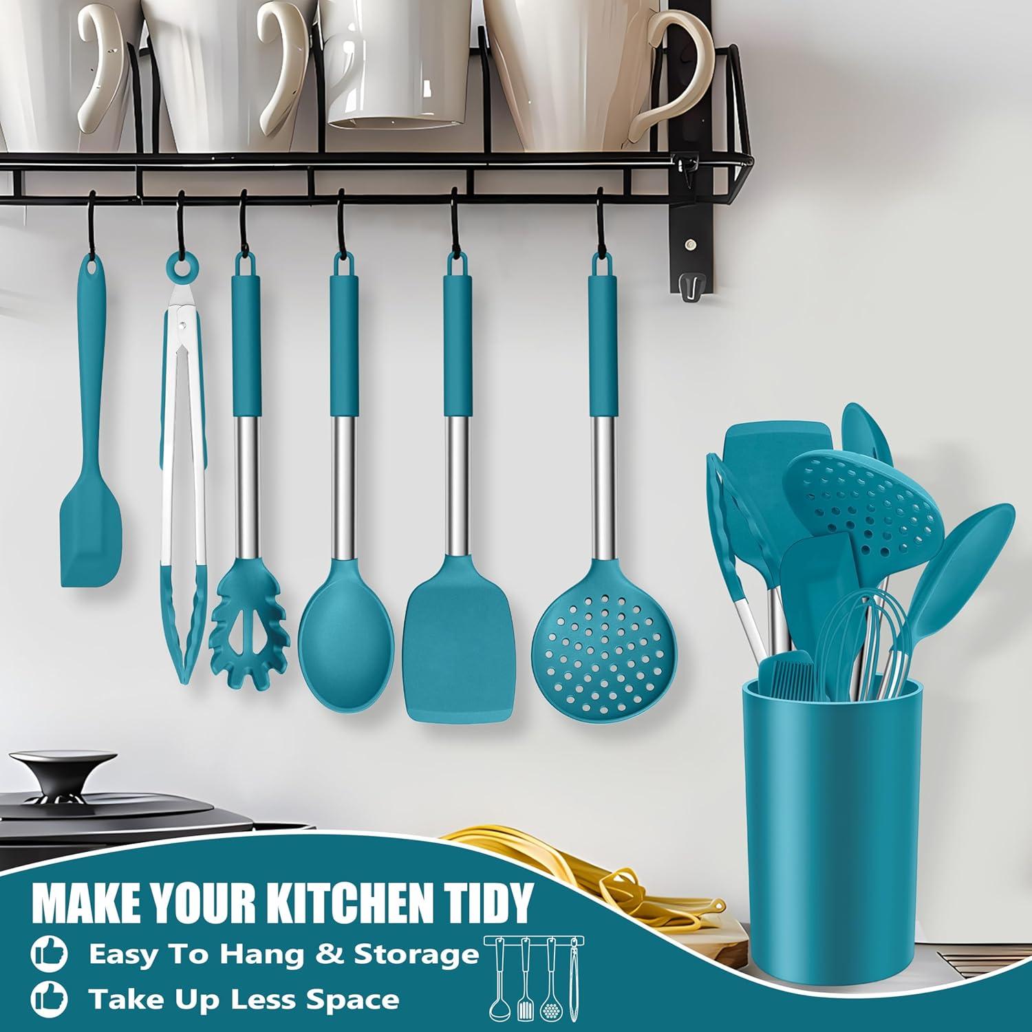imageEfar 14 Pieces Silicone Cooking Utensils Set Kitchen Utensils Set with Holder Spatula Ladle Spoon Tong Slotted Turner for Nonstick Cookware Heat Resistant amp Stainless Steel Handle BlackBlue