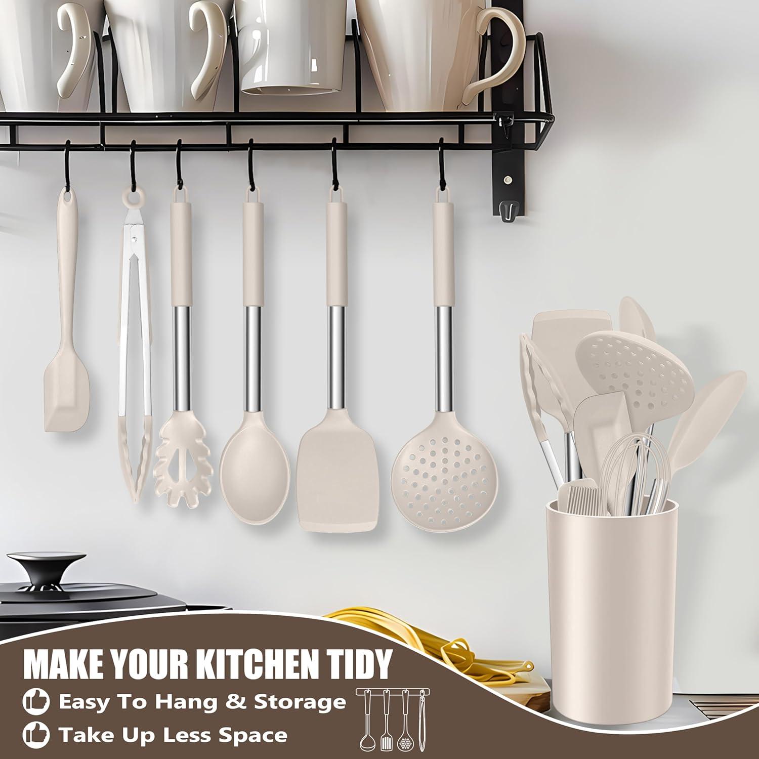imageEfar 14 Pieces Silicone Cooking Utensils Set Kitchen Utensils Set with Holder Spatula Ladle Spoon Tong Slotted Turner for Nonstick Cookware Heat Resistant amp Stainless Steel Handle BlackKhaki