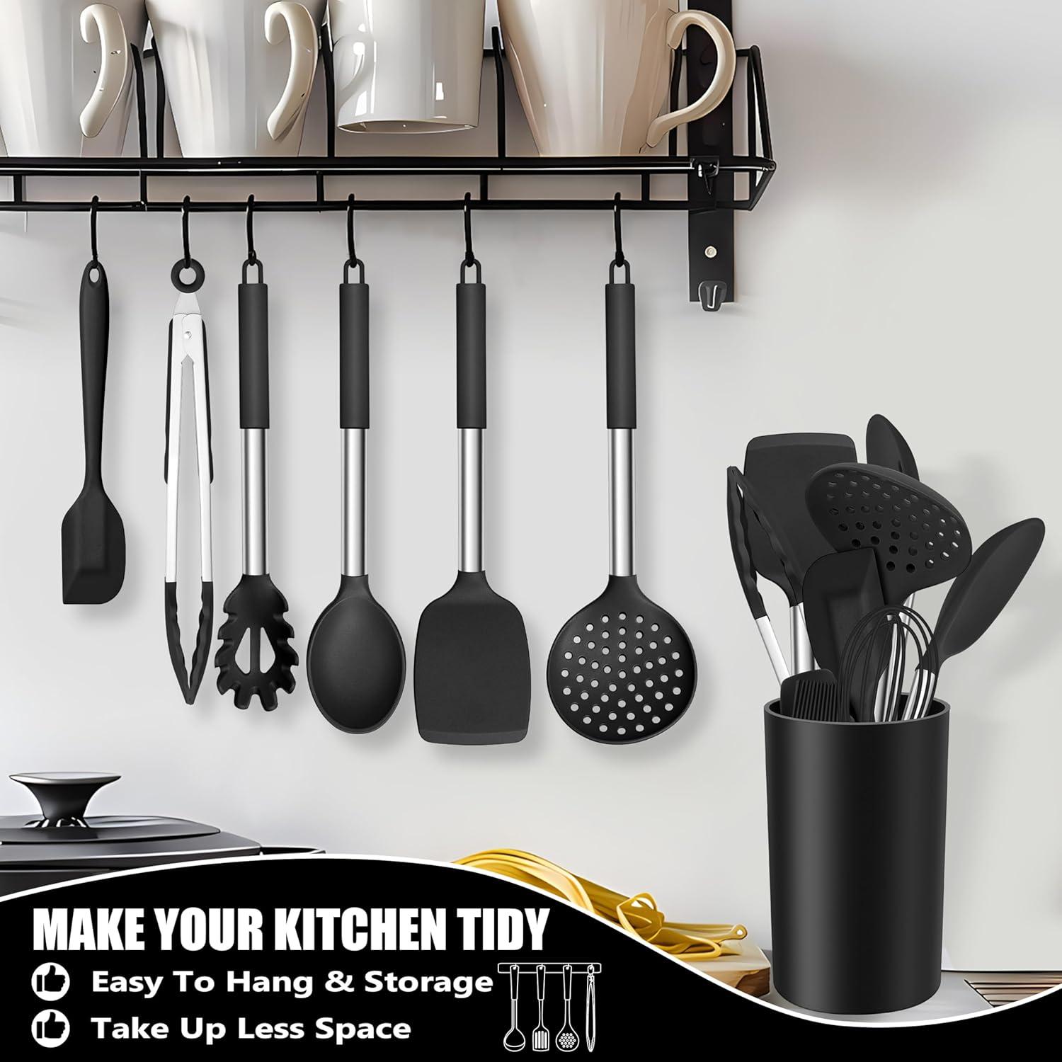imageEfar 14 Pieces Silicone Cooking Utensils Set Kitchen Utensils Set with Holder Spatula Ladle Spoon Tong Slotted Turner for Nonstick Cookware Heat Resistant amp Stainless Steel Handle BlackBlack