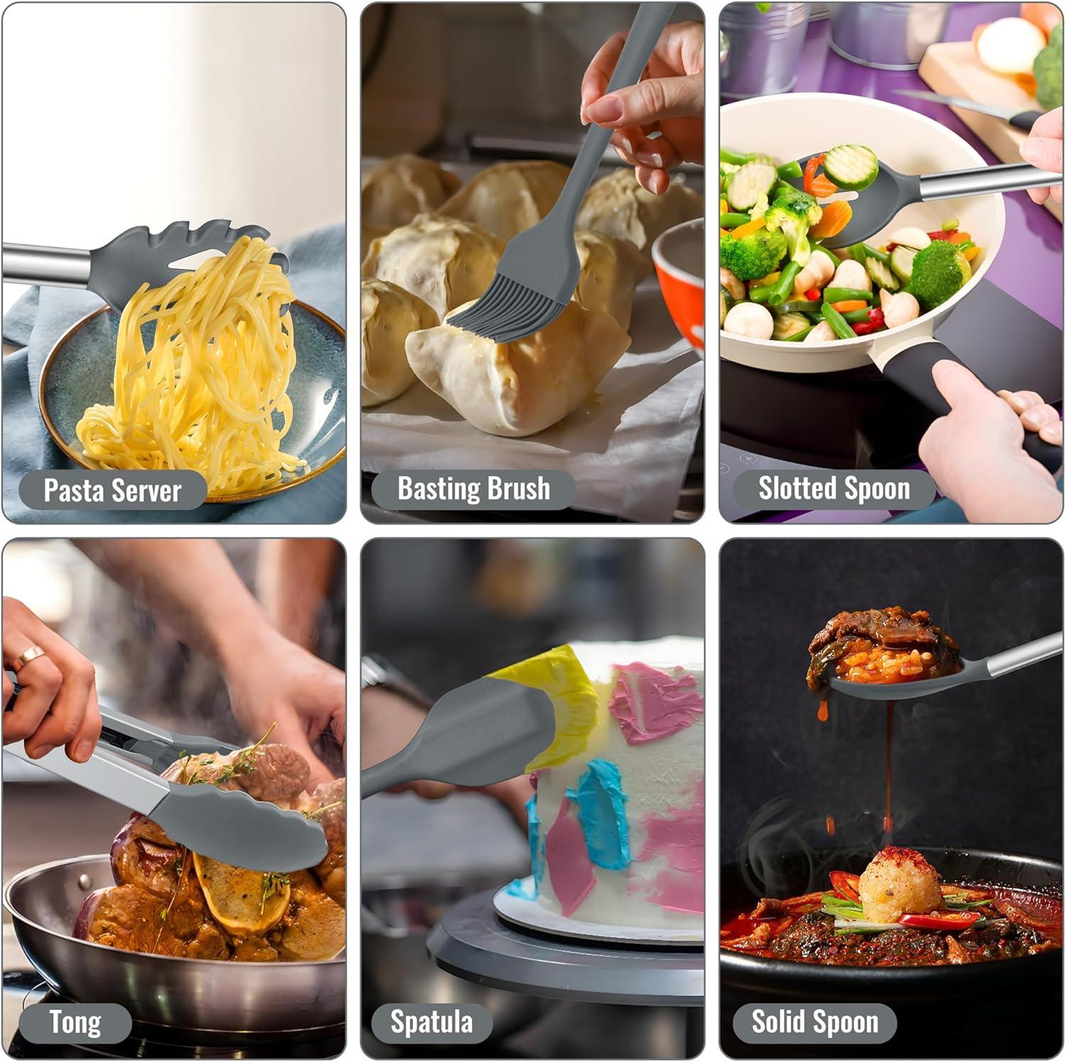 imageEfar 14 Pieces Silicone Cooking Utensils Set Kitchen Utensils Set with Holder Spatula Ladle Spoon Tong Slotted Turner for Nonstick Cookware Heat Resistant amp Stainless Steel Handle BlackGray