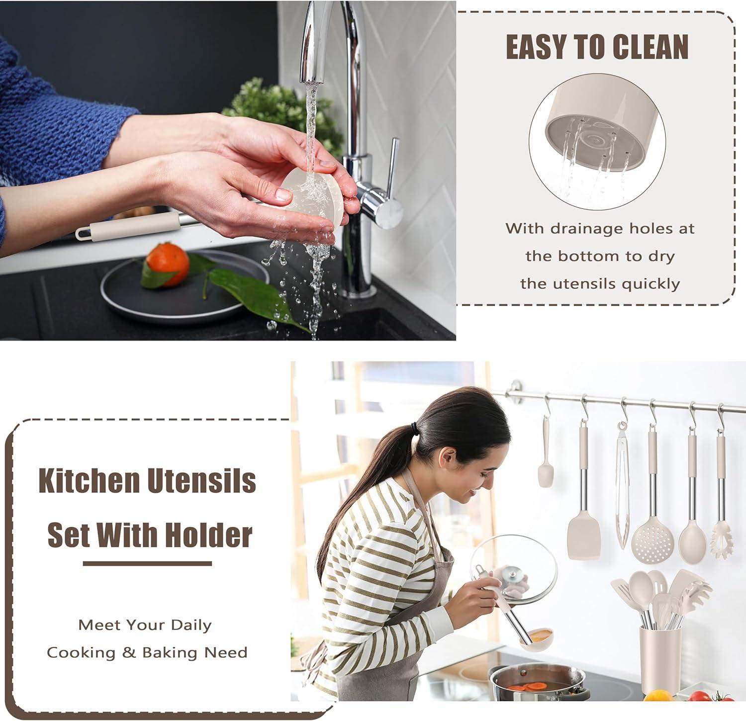 imageEfar 14 Pieces Silicone Cooking Utensils Set Kitchen Utensils Set with Holder Spatula Ladle Spoon Tong Slotted Turner for Nonstick Cookware Heat Resistant amp Stainless Steel Handle BlackKhaki