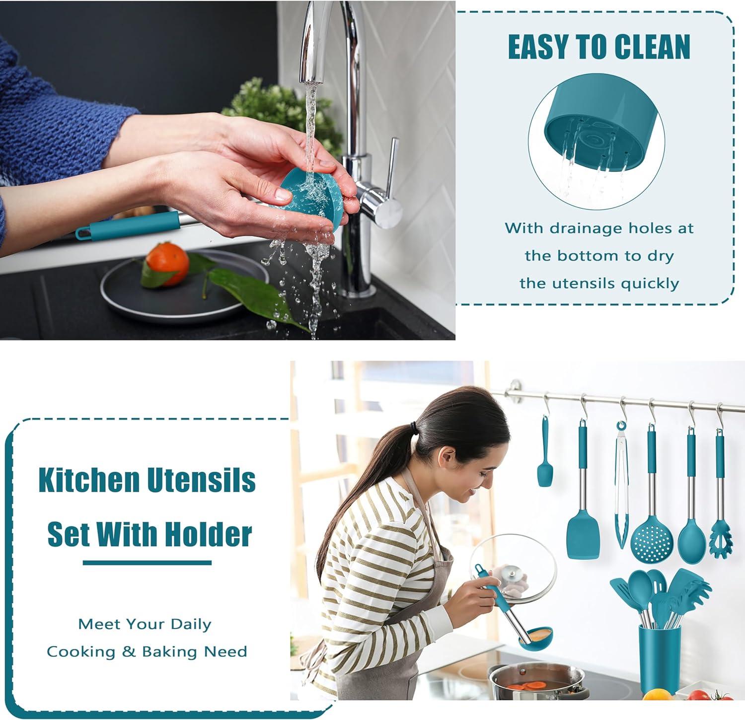 imageEfar 14 Pieces Silicone Cooking Utensils Set Kitchen Utensils Set with Holder Spatula Ladle Spoon Tong Slotted Turner for Nonstick Cookware Heat Resistant amp Stainless Steel Handle BlackBlue