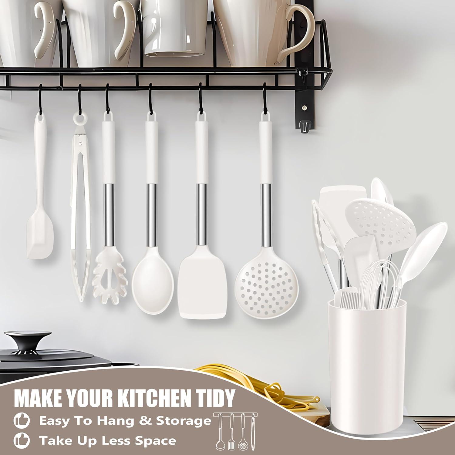 imageEfar 14 Pieces Silicone Cooking Utensils Set Kitchen Utensils Set with Holder Spatula Ladle Spoon Tong Slotted Turner for Nonstick Cookware Heat Resistant amp Stainless Steel Handle BlackCream White