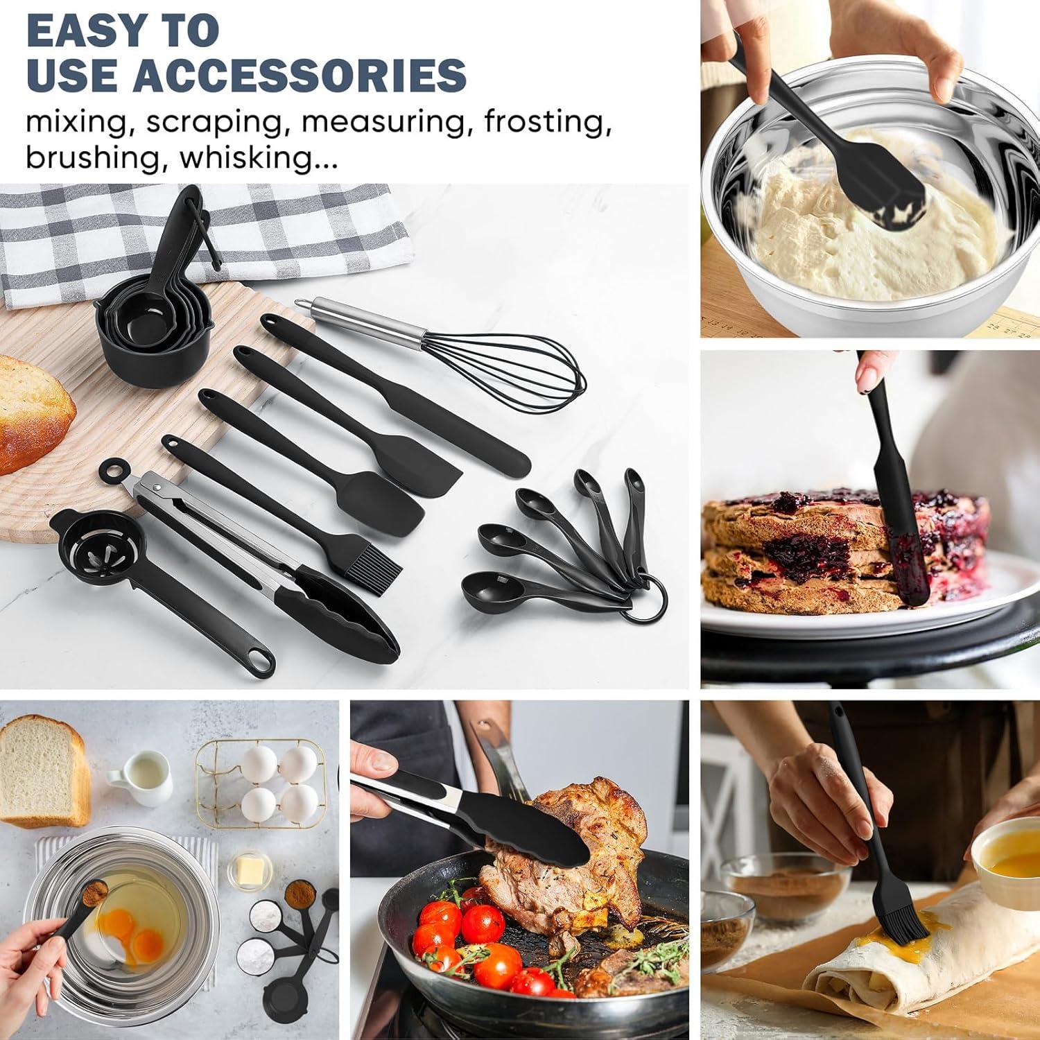 imageEfar 25PCS Mixing Bowls with Lid Set Stainless Steel Nesting Prep Bowls with Grater Attachments NonSlip Bottoms for Cooking Serving Food Storage 4626215107QT KhakiBlack