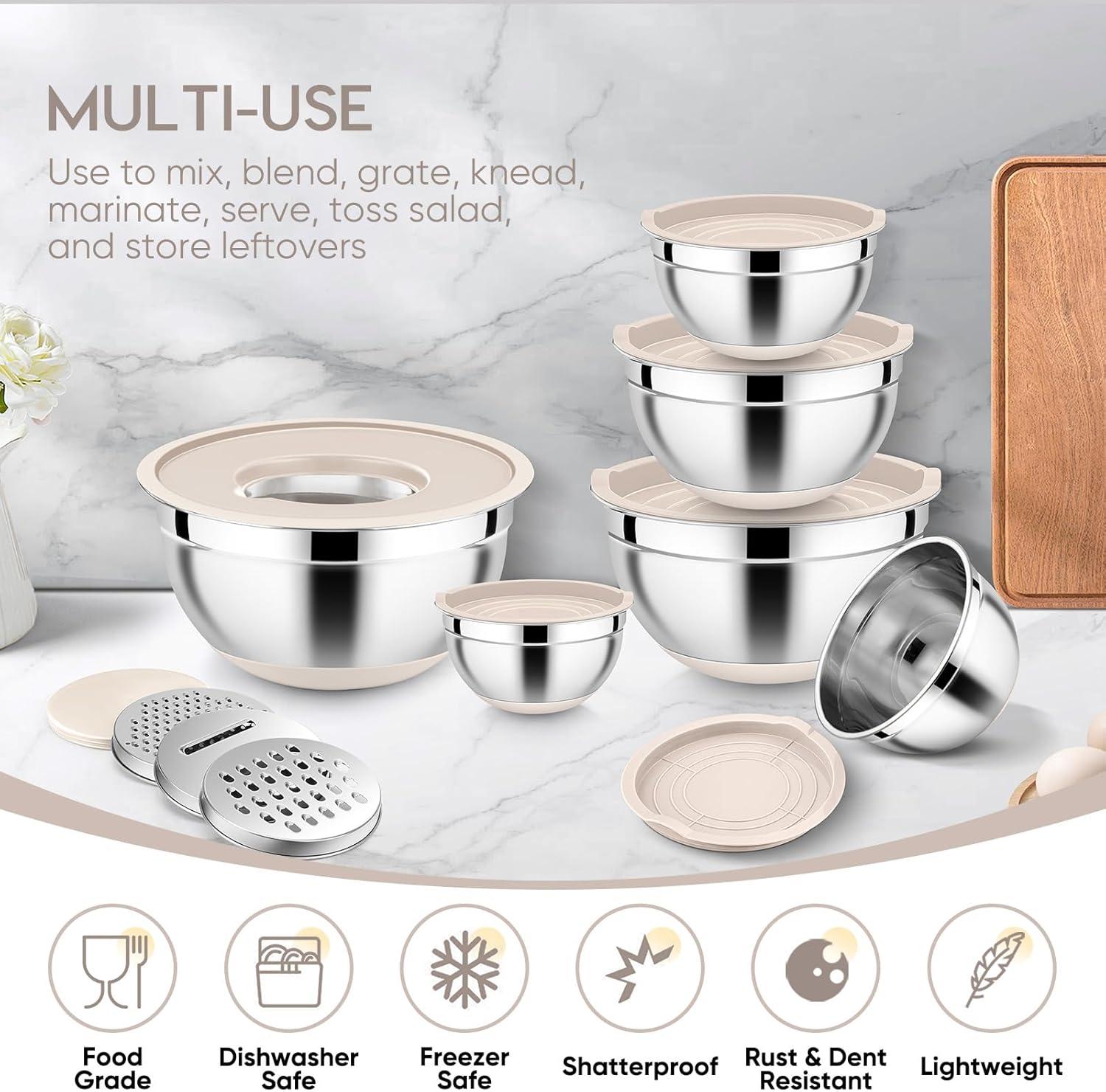 imageEfar 25PCS Mixing Bowls with Lid Set Stainless Steel Nesting Prep Bowls with Grater Attachments NonSlip Bottoms for Cooking Serving Food Storage 4626215107QT KhakiKhaki