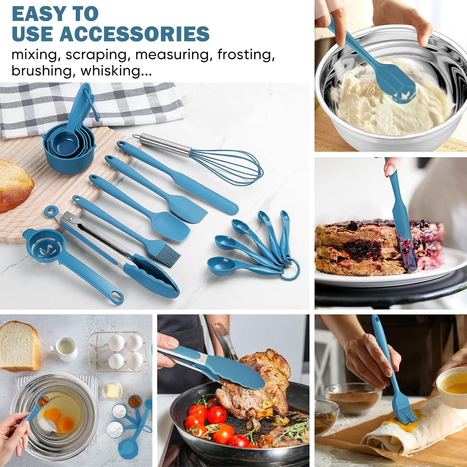imageEfar 25PCS Mixing Bowls with Lid Set Stainless Steel Nesting Prep Bowls with Grater Attachments NonSlip Bottoms for Cooking Serving Food Storage 4626215107QT KhakiBlue