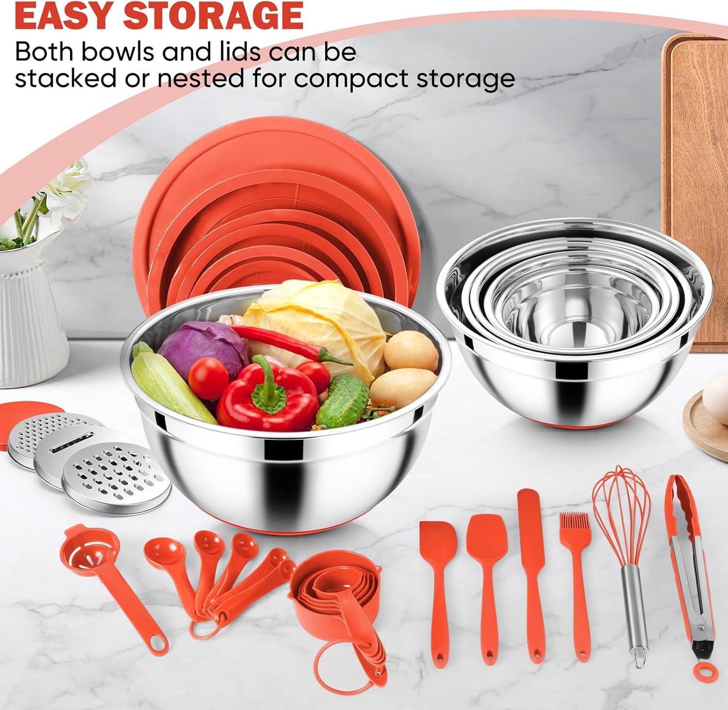 imageEfar 25PCS Mixing Bowls with Lid Set Stainless Steel Nesting Prep Bowls with Grater Attachments NonSlip Bottoms for Cooking Serving Food Storage 4626215107QT KhakiRed