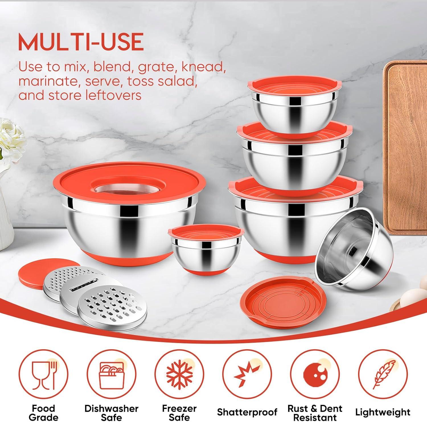 imageEfar 25PCS Mixing Bowls with Lid Set Stainless Steel Nesting Prep Bowls with Grater Attachments NonSlip Bottoms for Cooking Serving Food Storage 4626215107QT KhakiRed