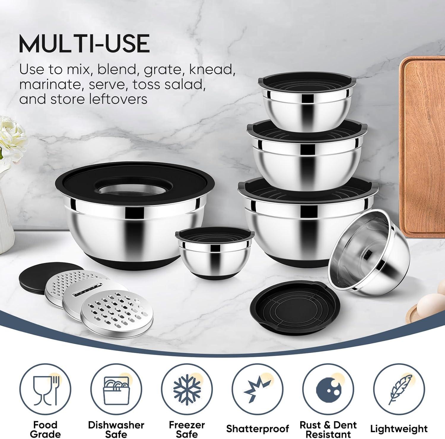 imageEfar 25PCS Mixing Bowls with Lid Set Stainless Steel Nesting Prep Bowls with Grater Attachments NonSlip Bottoms for Cooking Serving Food Storage 4626215107QT KhakiBlack
