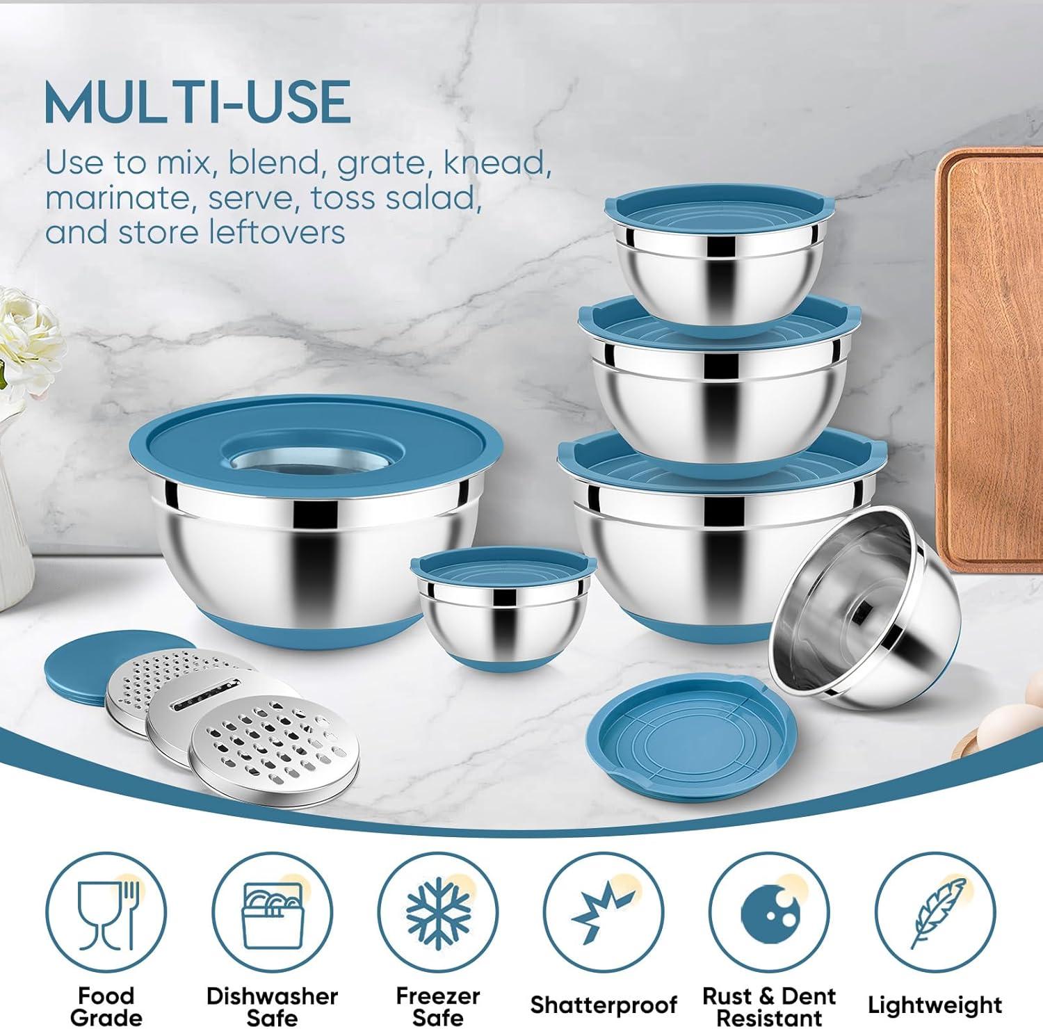 imageEfar 25PCS Mixing Bowls with Lid Set Stainless Steel Nesting Prep Bowls with Grater Attachments NonSlip Bottoms for Cooking Serving Food Storage 4626215107QT KhakiBlue