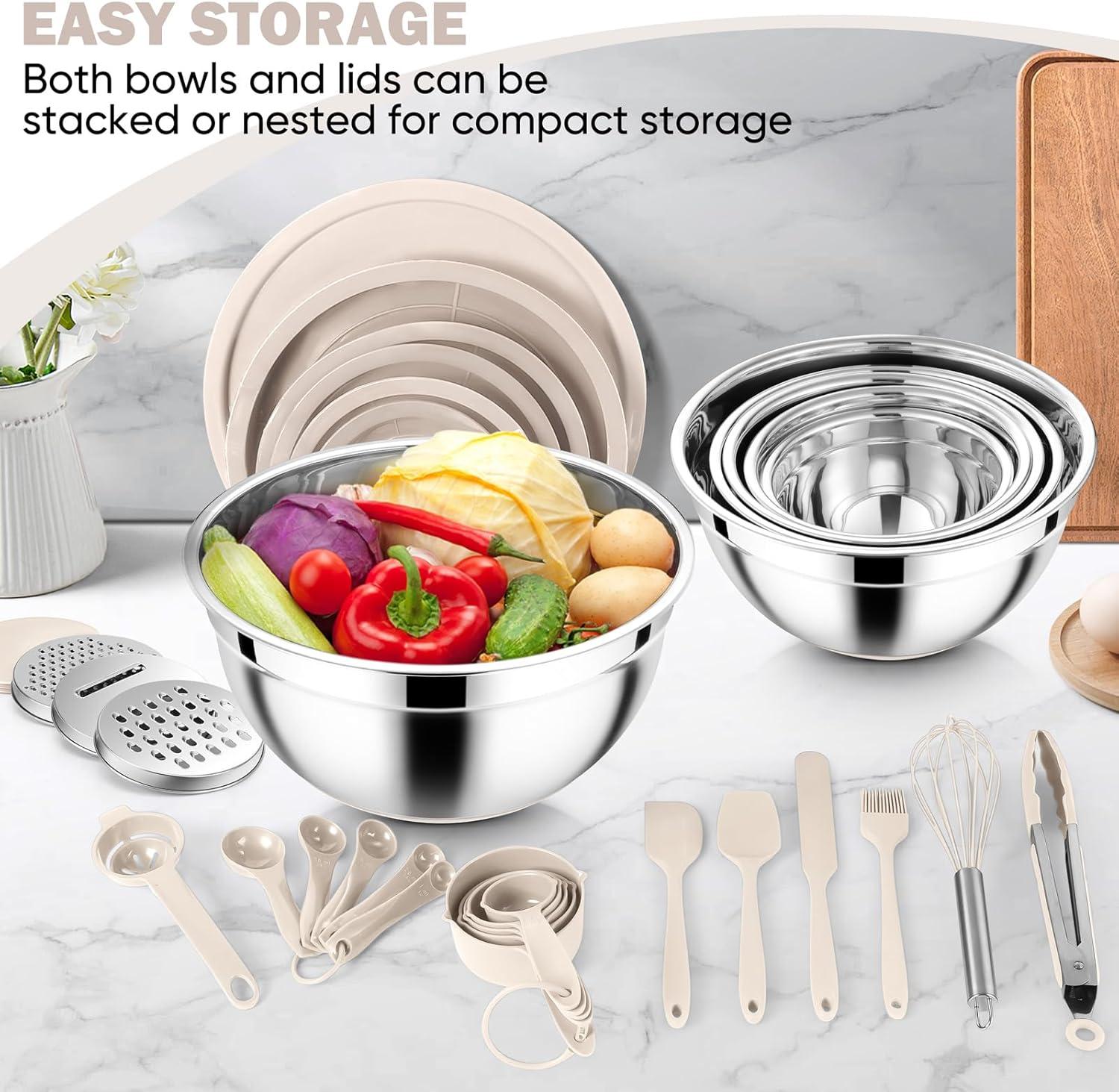 imageEfar 25PCS Mixing Bowls with Lid Set Stainless Steel Nesting Prep Bowls with Grater Attachments NonSlip Bottoms for Cooking Serving Food Storage 4626215107QT KhakiKhaki