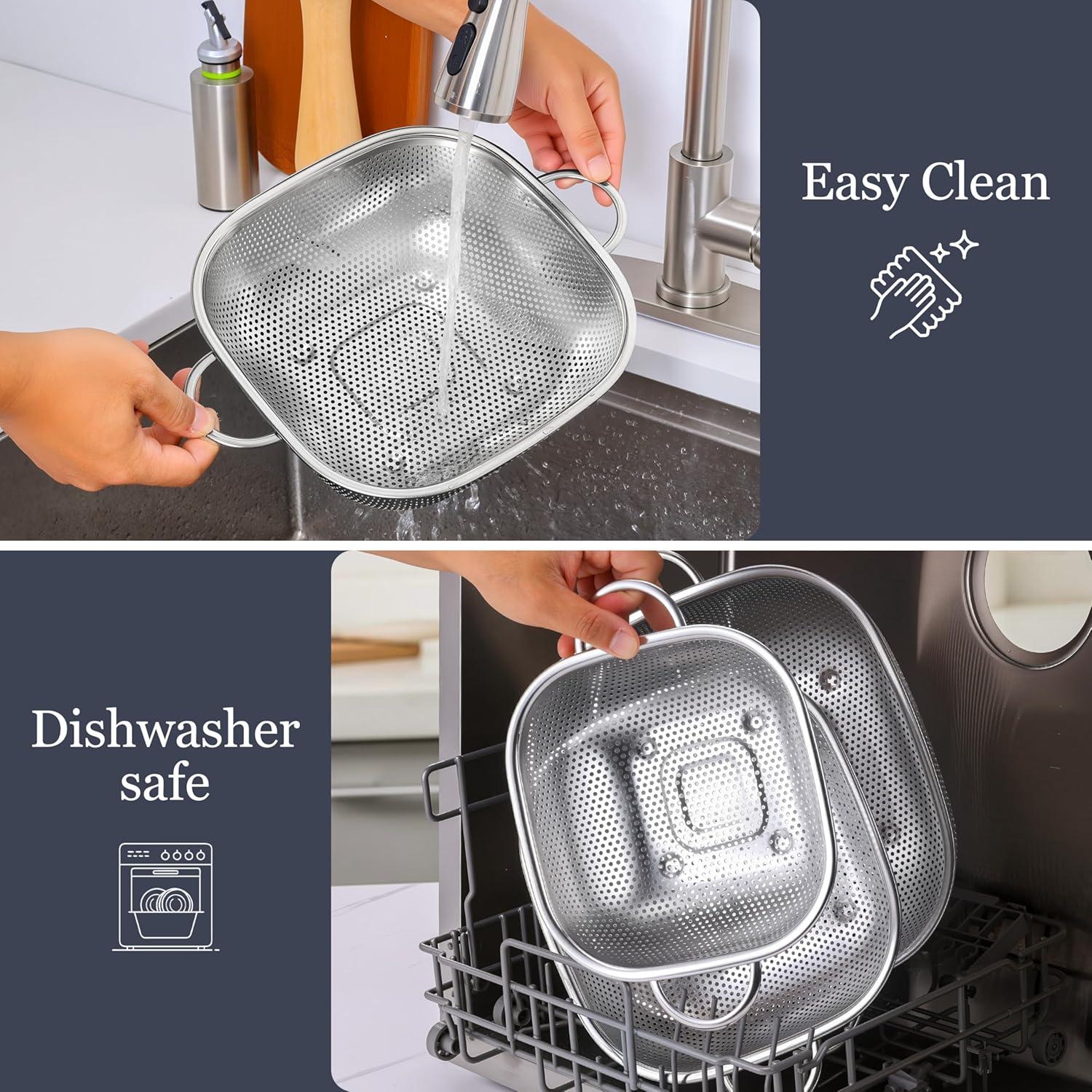 imageEfar 3 Pack Colander for Kitchen Square Stainless Steel Metal Strainer Colander with Handle for Draining Food Pasta Vegetable MicroPerforated amp Elevated Feet Dishwasher Safe2446QT