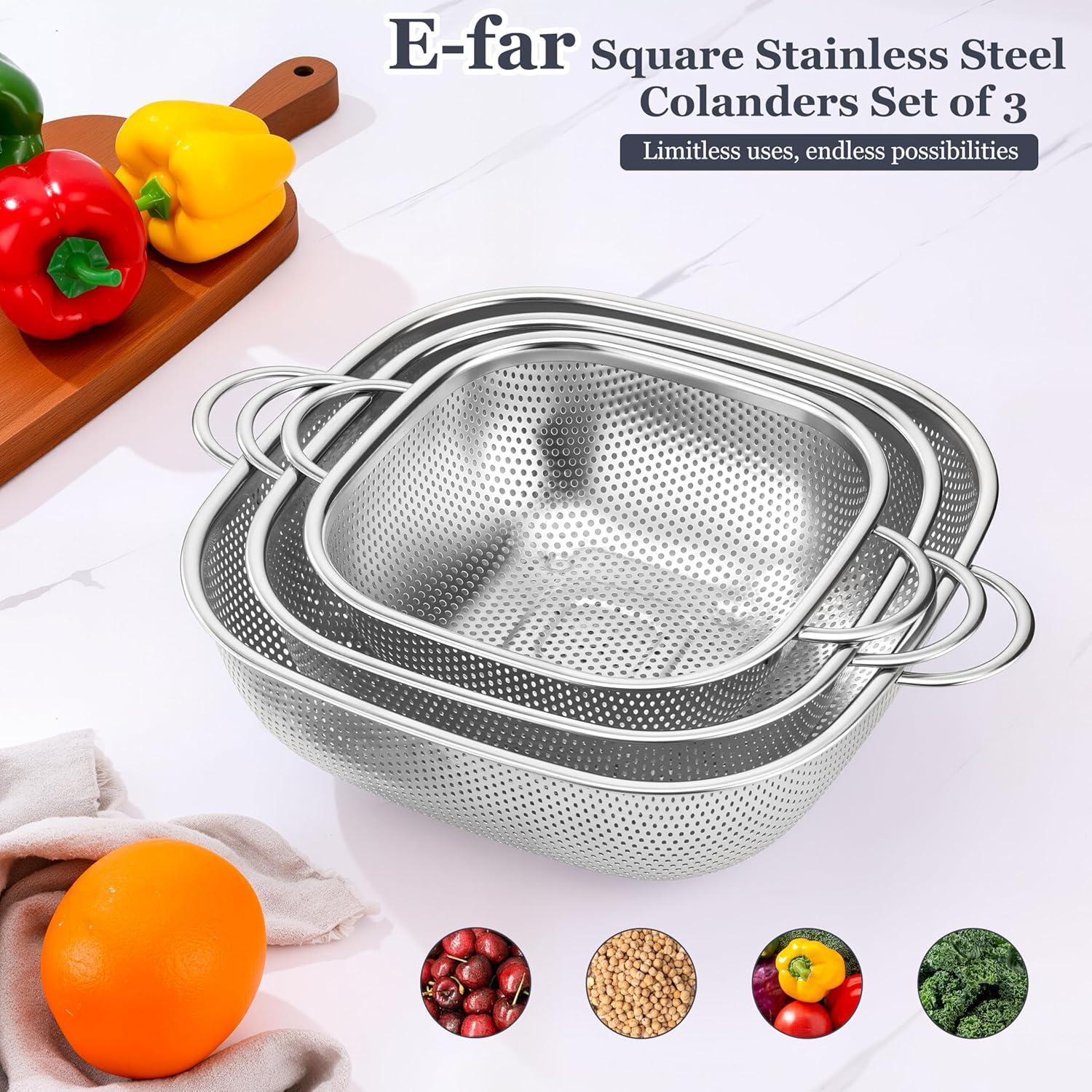 imageEfar 3 Pack Colander for Kitchen Square Stainless Steel Metal Strainer Colander with Handle for Draining Food Pasta Vegetable MicroPerforated amp Elevated Feet Dishwasher Safe2446QT