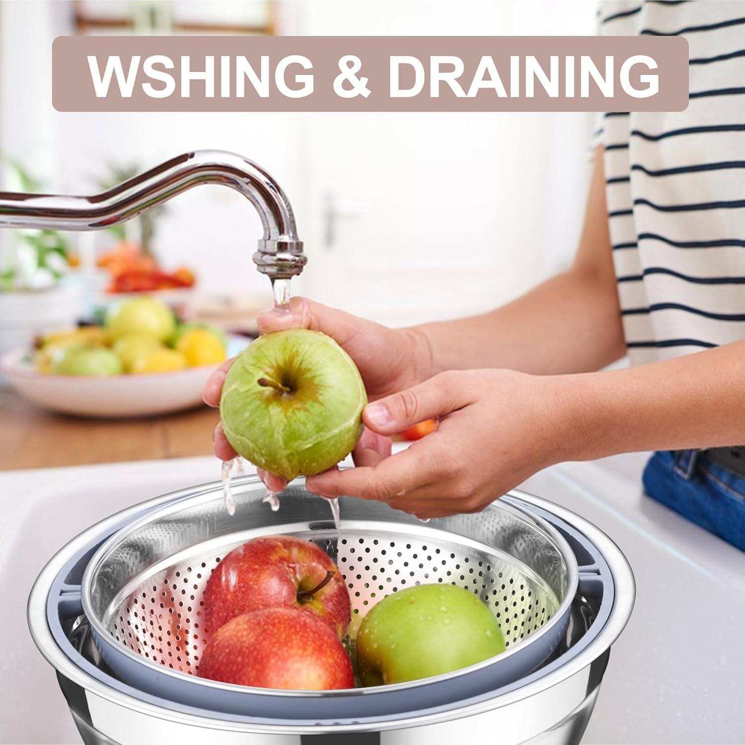 imageEfar Colander with Mixing Bowl Set 41 Stainless Steel Colander Strainers Bowl with Graters for Kitchen Rotatable Food Strainer Bowl for Rinsing Fruits VegetablesDraining Pasta BlueKhaki