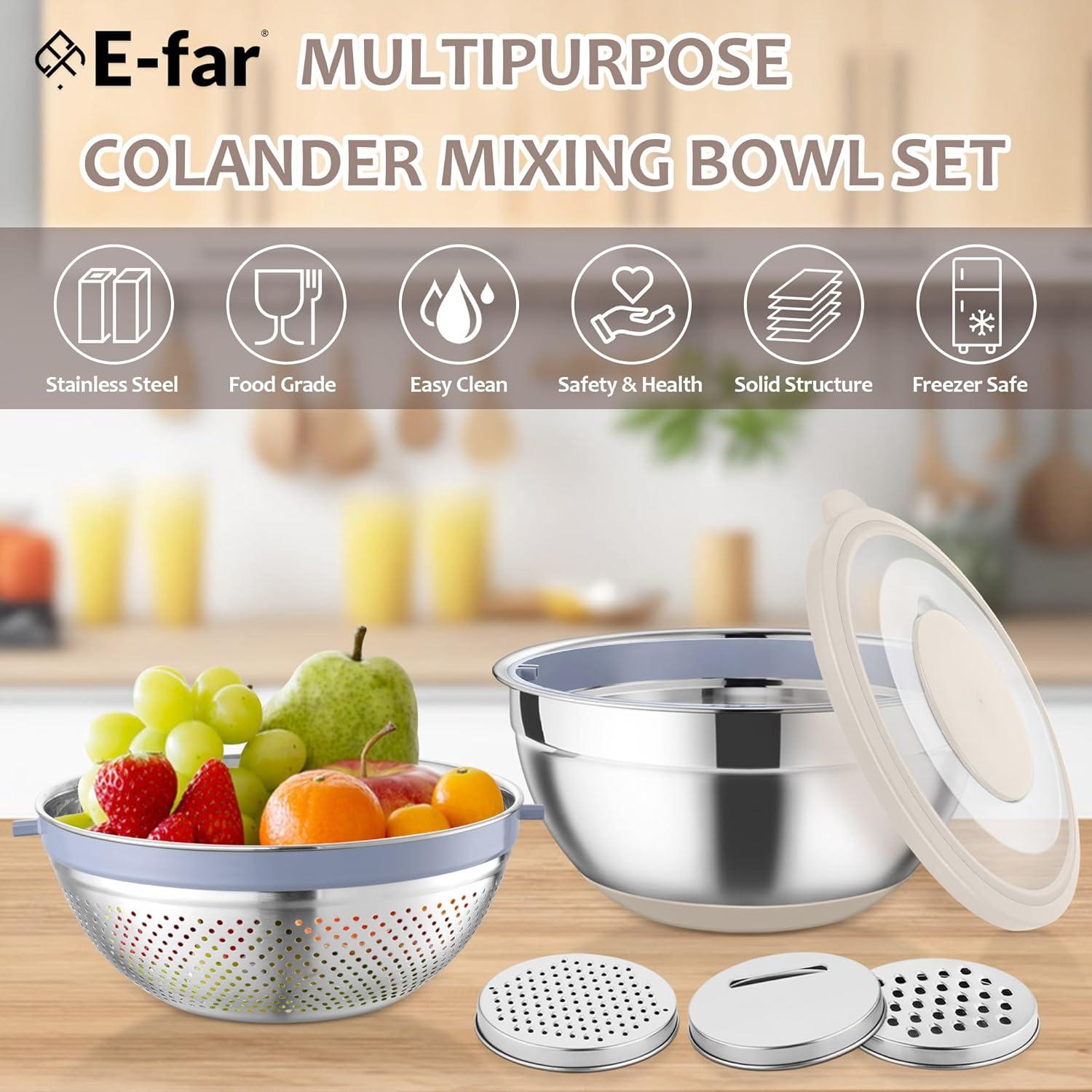 imageEfar Colander with Mixing Bowl Set 41 Stainless Steel Colander Strainers Bowl with Graters for Kitchen Rotatable Food Strainer Bowl for Rinsing Fruits VegetablesDraining Pasta BlueKhaki