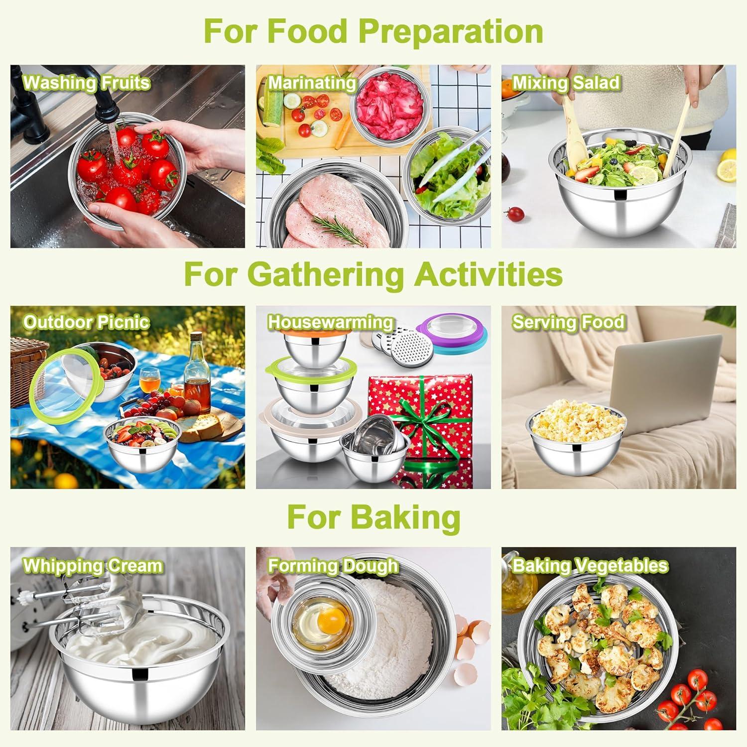 imageEfar Mixing Bowls Set of 5 Stainless Steel Salad Mixing Bowl with Transparent Lid Metal Nesting Bowl with 3 Graters for Kitchen PreppingServingBakingStorage 462615107 QT Colorful