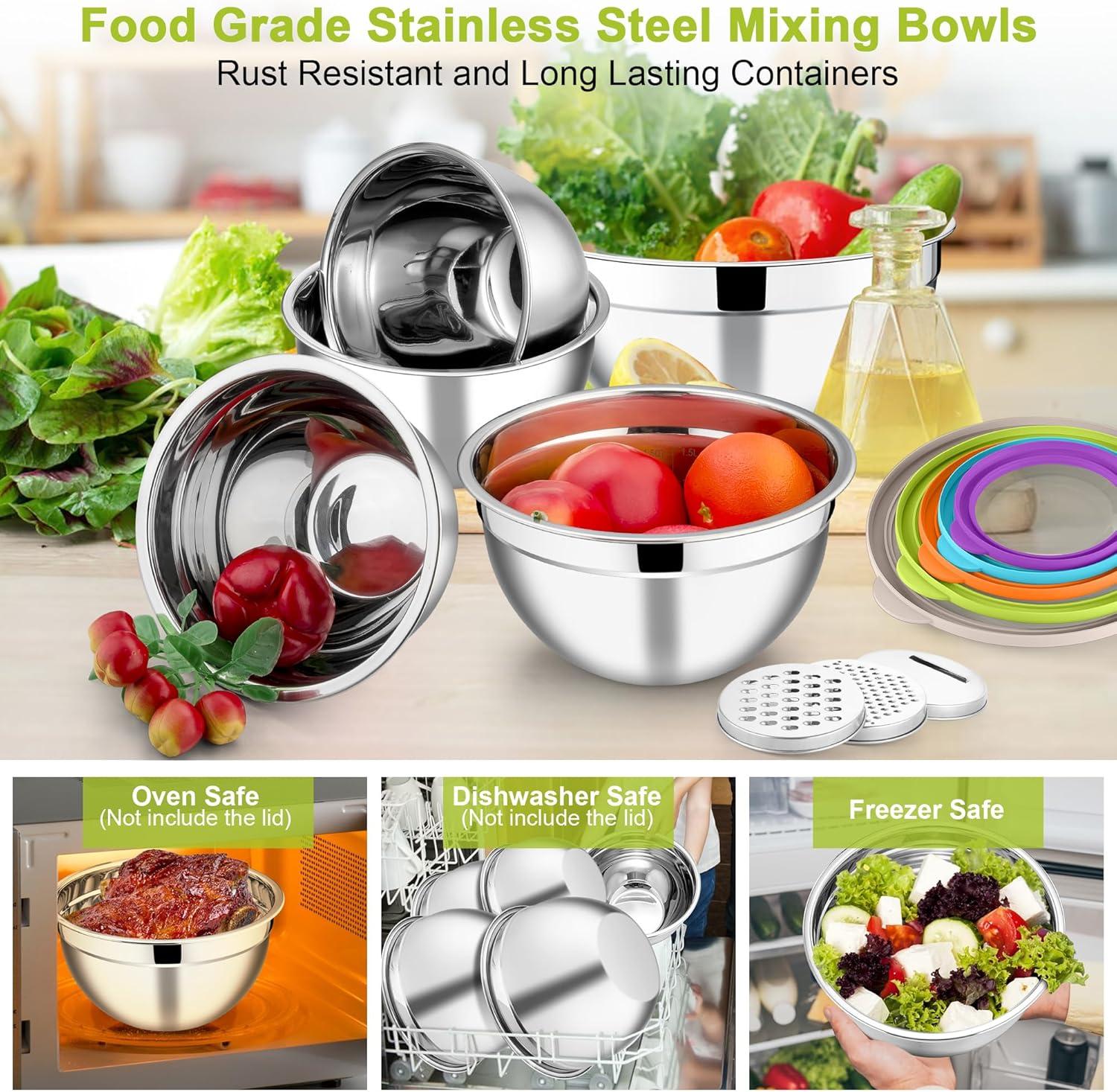 imageEfar Mixing Bowls Set of 5 Stainless Steel Salad Mixing Bowl with Transparent Lid Metal Nesting Bowl with 3 Graters for Kitchen PreppingServingBakingStorage 462615107 QT Colorful