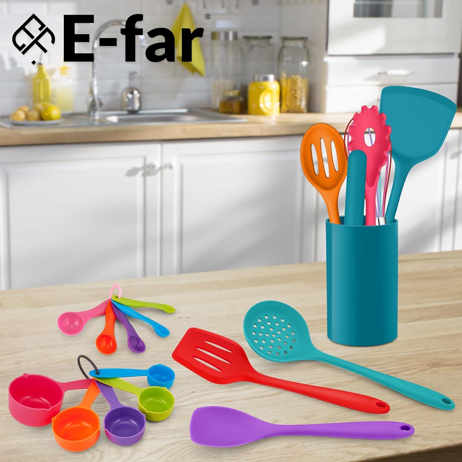 imageEfar Silicone Cooking Utensils Set 24Pcs Heat Resistant Kitchen Utensil with Holder Silicone Kitchen Tools with Spatula Turner Spoon Tongs Whisk NonToxic amp Dishwasher Safe BlackColorful