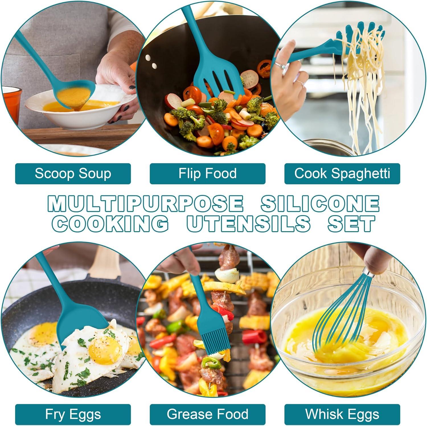 imageEfar Silicone Cooking Utensils Set 24Pcs Heat Resistant Kitchen Utensil with Holder Silicone Kitchen Tools with Spatula Turner Spoon Tongs Whisk NonToxic amp Dishwasher Safe BlackBlue