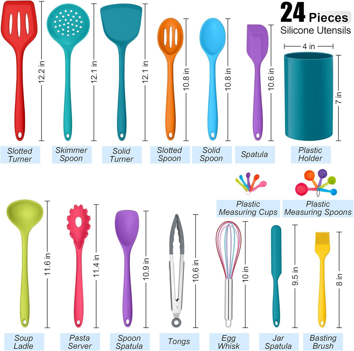 imageEfar Silicone Cooking Utensils Set 24Pcs Heat Resistant Kitchen Utensil with Holder Silicone Kitchen Tools with Spatula Turner Spoon Tongs Whisk NonToxic amp Dishwasher Safe BlackColorful