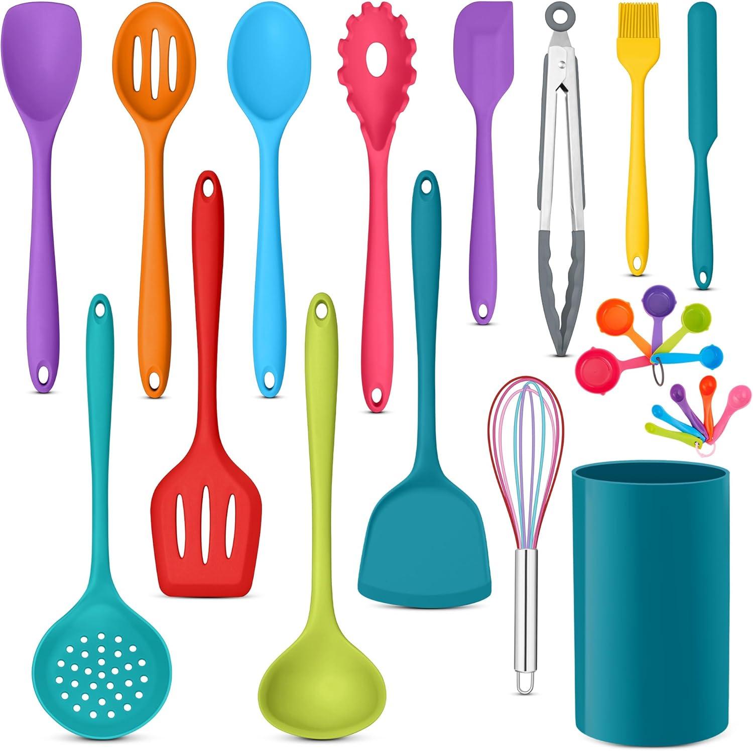 imageEfar Silicone Cooking Utensils Set 24Pcs Heat Resistant Kitchen Utensil with Holder Silicone Kitchen Tools with Spatula Turner Spoon Tongs Whisk NonToxic amp Dishwasher Safe BlackColorful