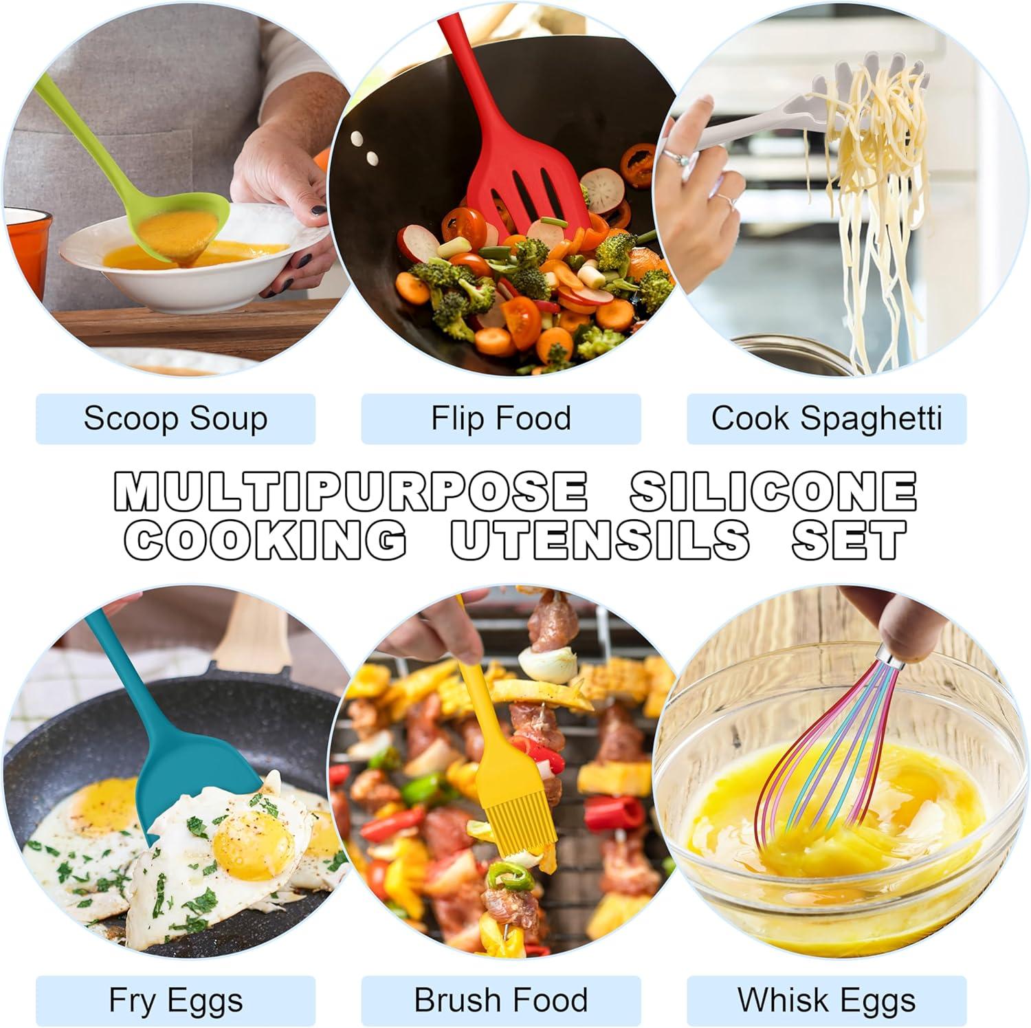 imageEfar Silicone Cooking Utensils Set 24Pcs Heat Resistant Kitchen Utensil with Holder Silicone Kitchen Tools with Spatula Turner Spoon Tongs Whisk NonToxic amp Dishwasher Safe BlackColorful