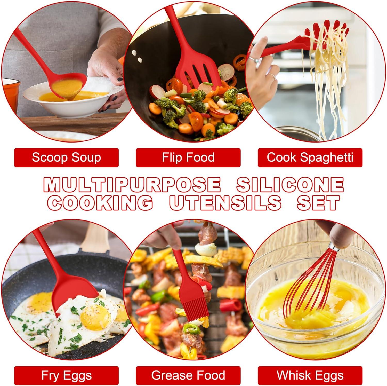 imageEfar Silicone Cooking Utensils Set 24Pcs Heat Resistant Kitchen Utensil with Holder Silicone Kitchen Tools with Spatula Turner Spoon Tongs Whisk NonToxic amp Dishwasher Safe BlackRed