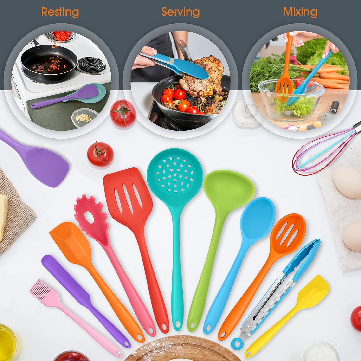 imageKitchen Utensils Set Efar 15Piece Silicone Cooking Utensils with Holder Nonstick Cookware Friendly amp Heat Resistant Includes Ladle Spatula Spoon Slotted Turner for Cooking amp Baking BlackColorful