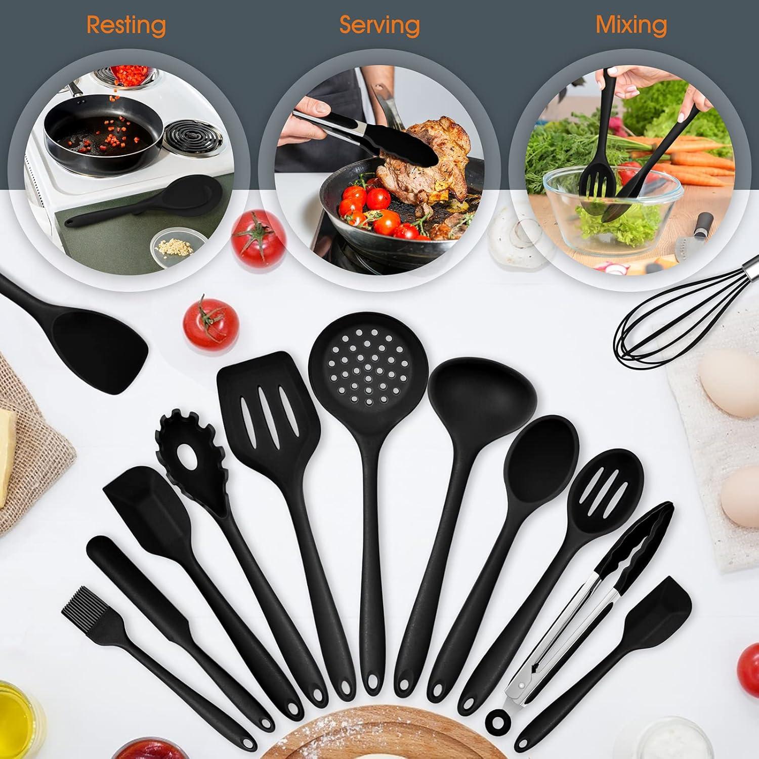 imageKitchen Utensils Set Efar 15Piece Silicone Cooking Utensils with Holder Nonstick Cookware Friendly amp Heat Resistant Includes Ladle Spatula Spoon Slotted Turner for Cooking amp Baking BlackBlack